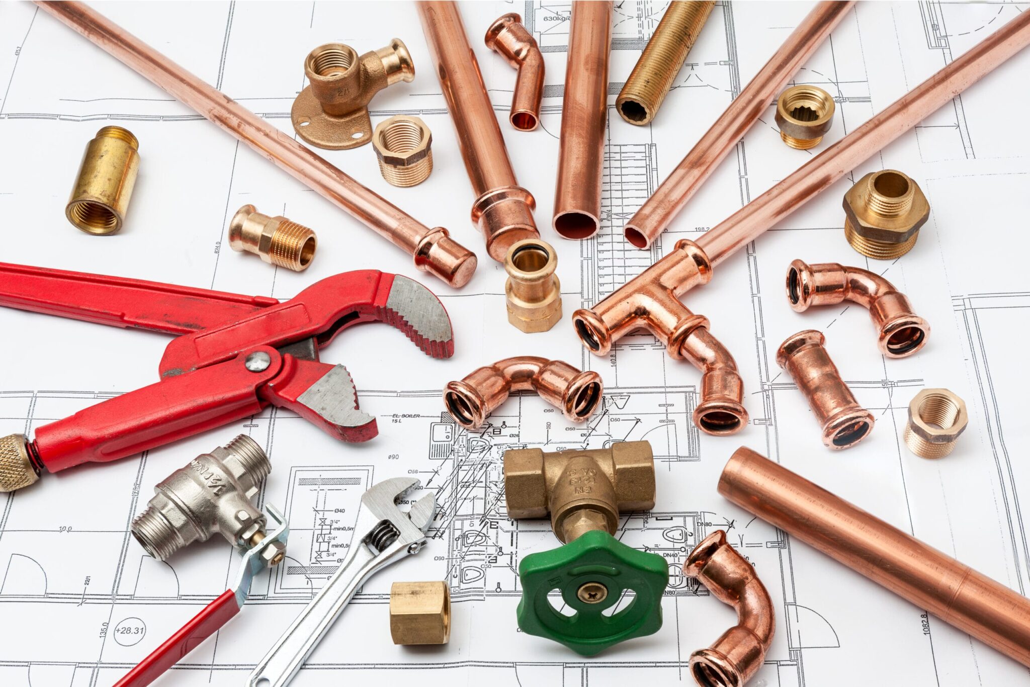 Copper pipes, fittings, valves, and plumbing tools in Estero