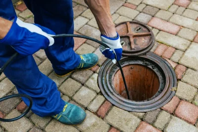 Plumber cleaning an outdoor sewer drain in Estero