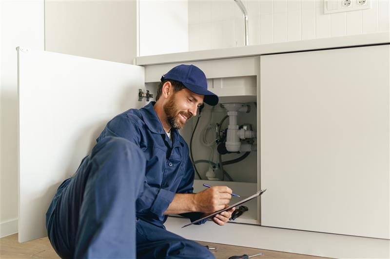 Residential plumber reviewing plumbing repairs in a Estero kitchen