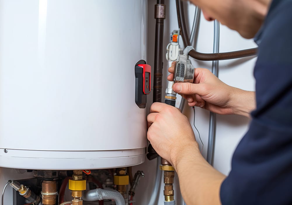 Technician repairing pipes connected to a water heater in Estero
